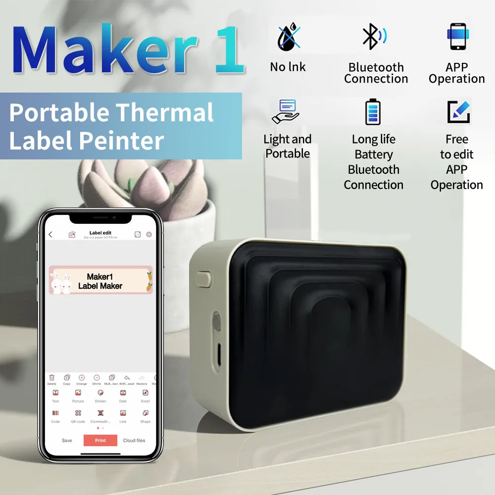 Marklife M1 Label Printer Portable Mini Thermal Printer Without Ink Bluetooth Labeling Machine Similar as D11 D110 Labeller