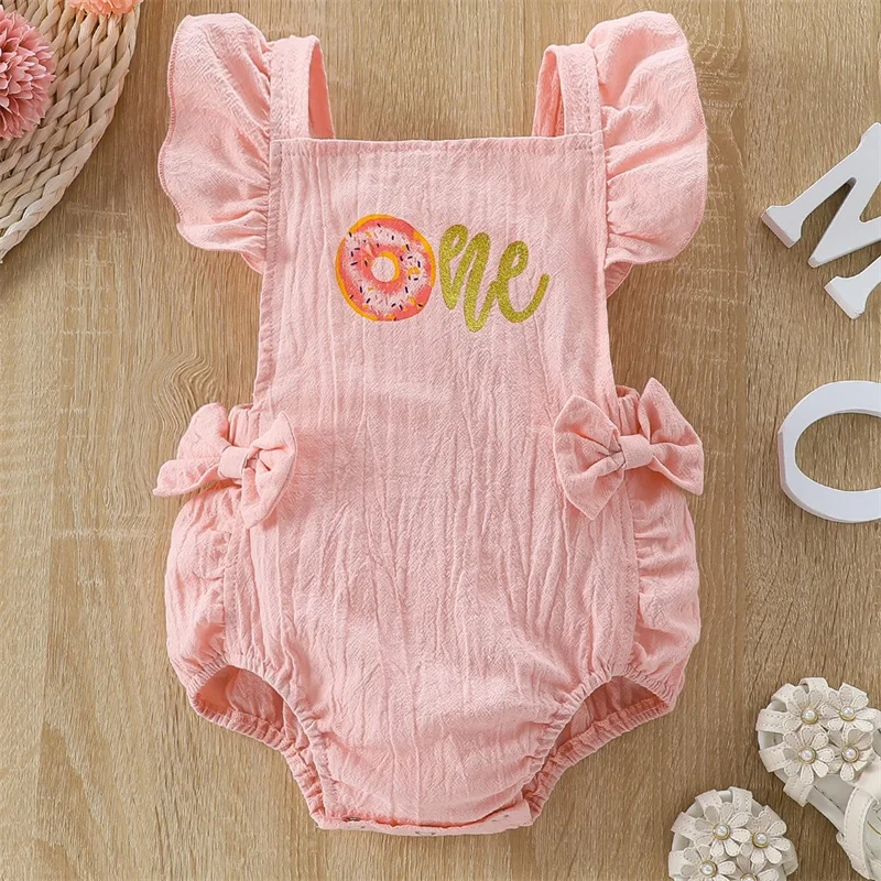 

0-18Months Baby Girl Birthday Romper Cute Ruffle Sleeveless Doughnut Letter Print Bodysuit Newborn Playsuit