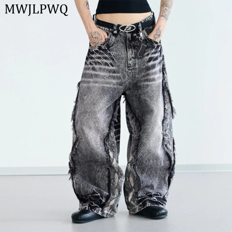 

MWJLPWQ Frayed Snake Pattern Patchwork Machete Jeans Male High Street Deconstructed Washed Vintage Loose Wide-leg Pants 11192