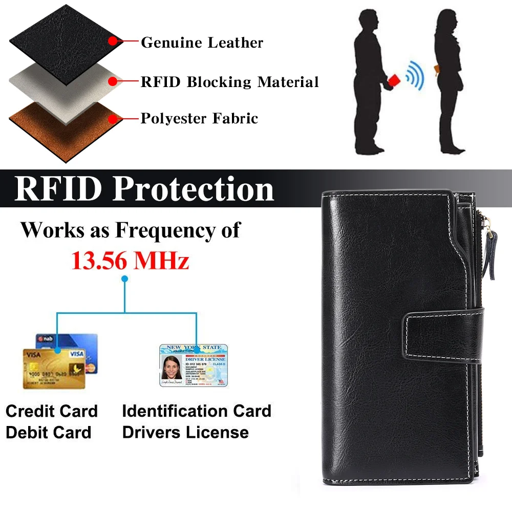 Genuine Leather Women's Wallet RFID Anti-theft Bag Credit Card Holders Wallet For Women Zipper Pocket Money Purse Phone Bag