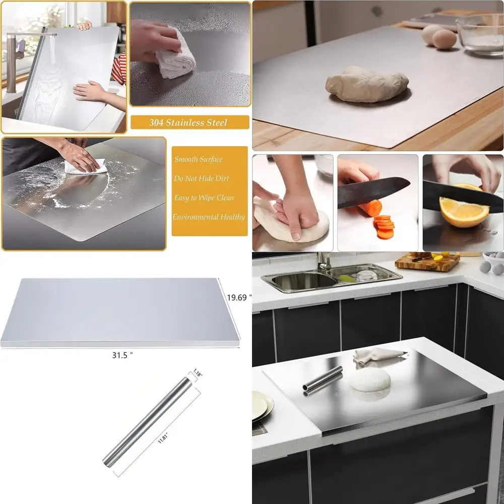 

Large Stainless Steel Chopping Board with Lip - 31.5 x 19.69 Rolling Pin & Baking Surface for Kitchen Prep