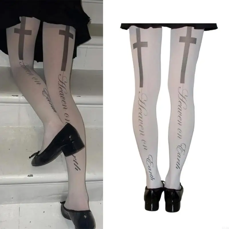 

Women's Elegant Japanese Gothic White Silk Pantyhose Stockings Crosses and Letter Print Opaque Tights Leggings 6XDA