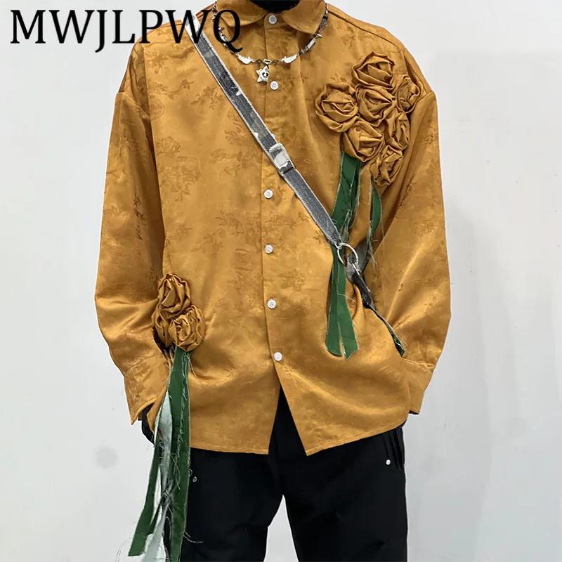 

MWJLPWQ Lace Up Design 2025 Golden Long Sleeve Shirt Men's High Street Flower Single Breasted Lapel Loose Casual Tops 11799