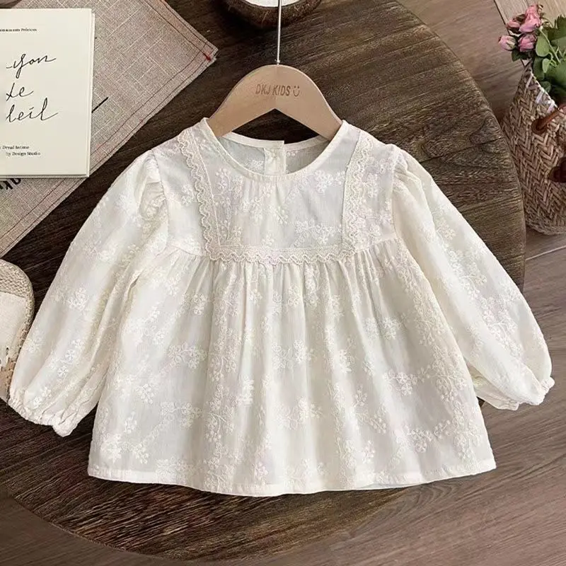 Children's Baby Girl Autumn Dress Lace Embroidered Shirt Girls' Bottom Shirt Spring and Autumn New Style Western Style