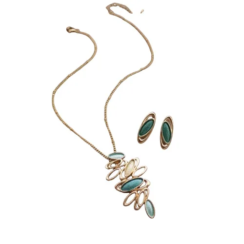 new enamel color oval petal stud earrings pendant set, women\'s high-end hollow petal necklace