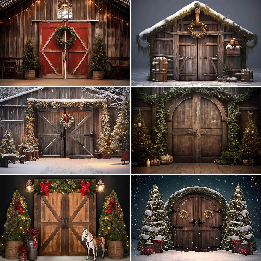 

Christmas Red Barn Door Backdrop for Photography Studio Winter Family Portrait Photobooth Background Snow Xmas Tree Decor Banner