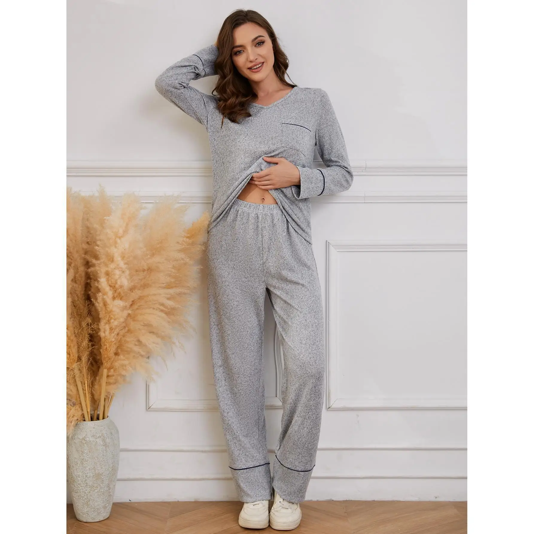 

European American Women's Loungewear Autumn and Winter Casual Sports Long-sleeved Trousers 2PCS Set Pajamas Can Wear Outside