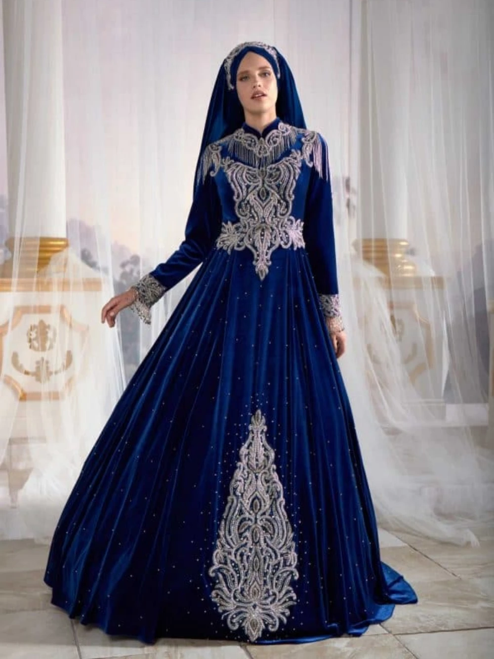 Dark Blue Caftan Velvet Hijab Clothing Evening Dress Luxury Party Beading Eleagnt Gown Floor-length Dress Robe De Mariée