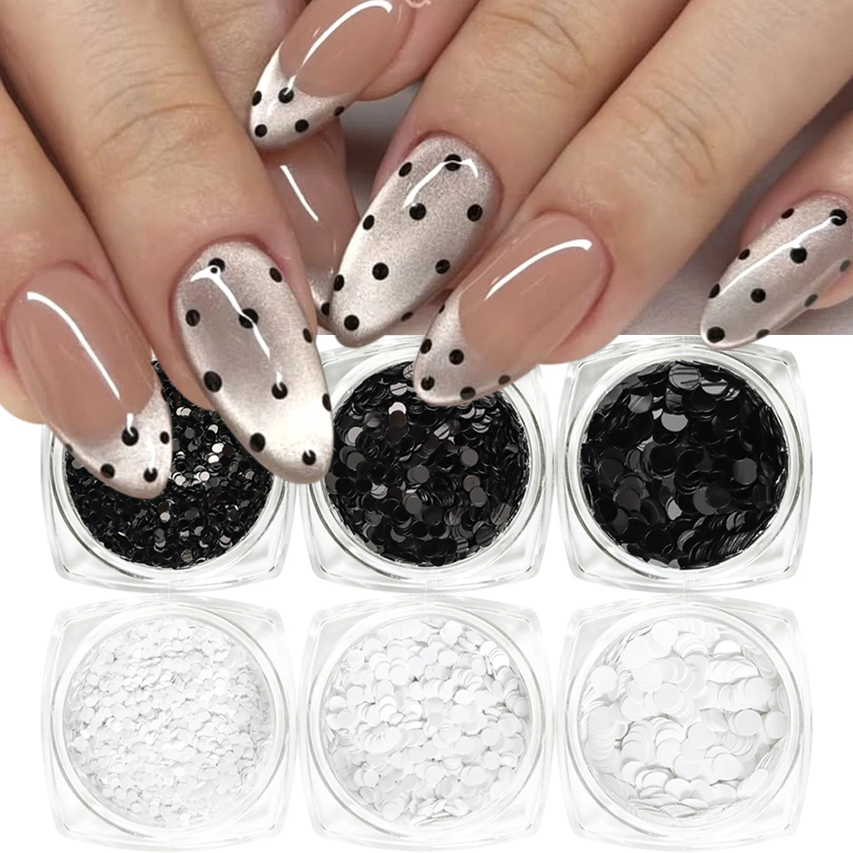 Schwarz-weiße Polka-Dot-Glitzer-Nagelkunst-Accessoires, Retro-Blumen-Patchwork-Glitzer-Nagelkunst, vielseitiger runder Punkt-Glitzer zum Selbermachen – Detail 2