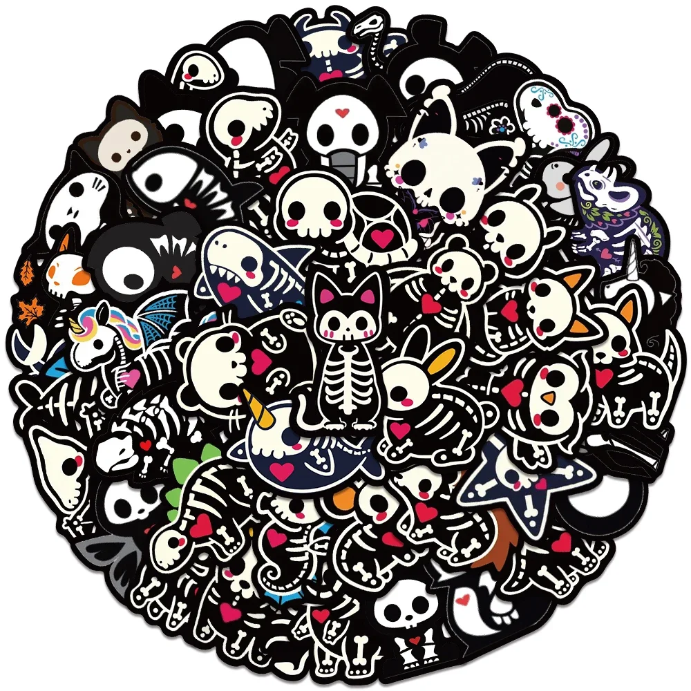 50Pcs Cartoon Animals Skeleton Skull Stickers Cute Horror DIY Stickers Scrapbooking Phone Luggage Skateboard Waterproof Decals