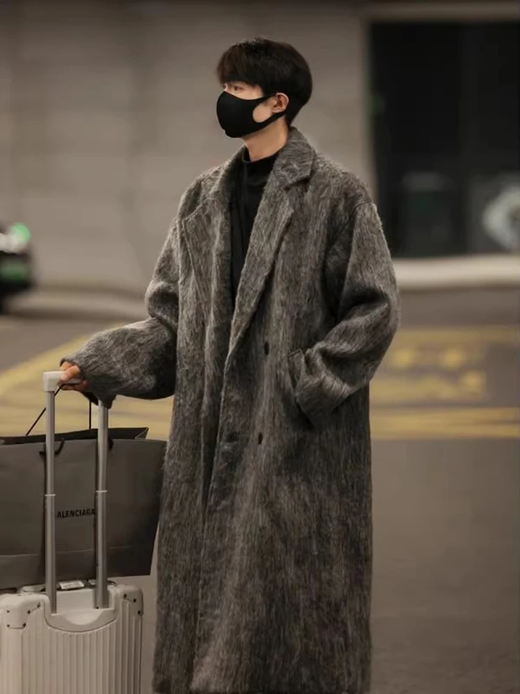 

Autumn Winter Men's Long Over-Knee Woolen Coat Faionable Briti Sle Windbreaker Outerwear Warm Flap ket Double-Breasted