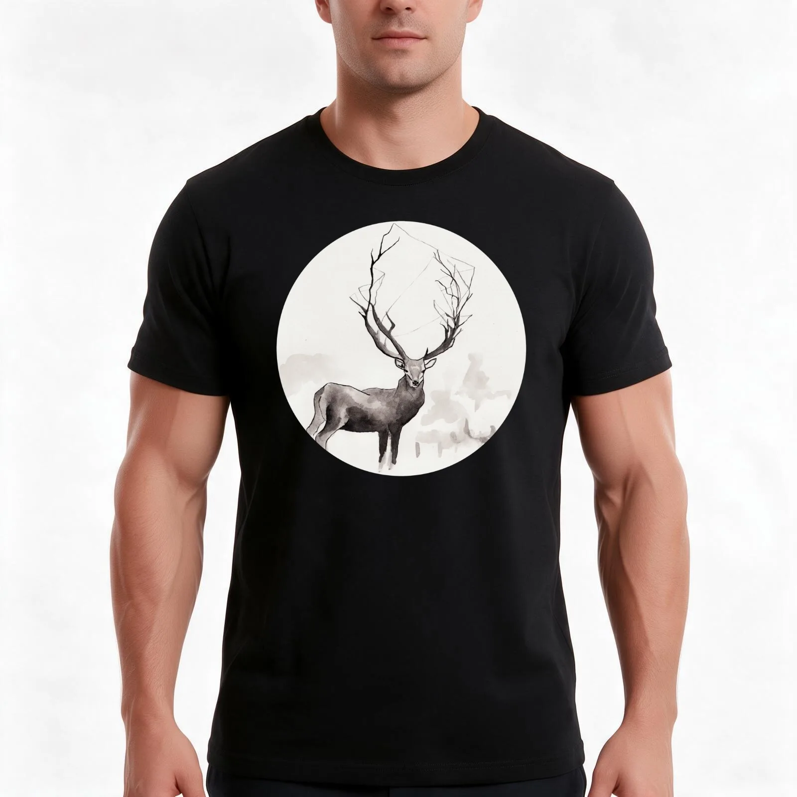 Art Illustration - Deer in the fog T-Shirt, Summer Casual Cotton Tee, Oversized Streetwear Tops, Vintage Graphic Print