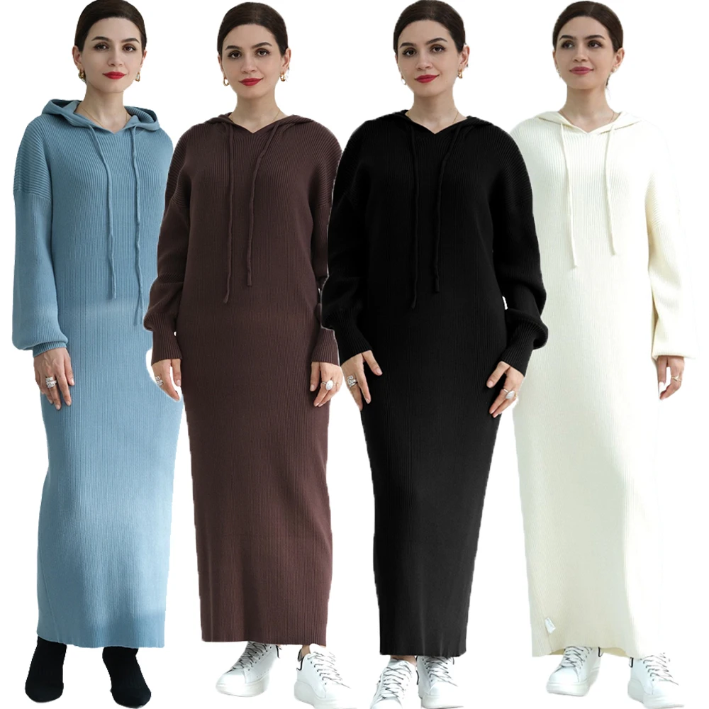 

Dubai Abaya Muslim Women Knitted Autumn Winter Hooded Loose Maxi Dress Turkey Kaftan Eid Party Femme Arabic Robe Morocco Robes