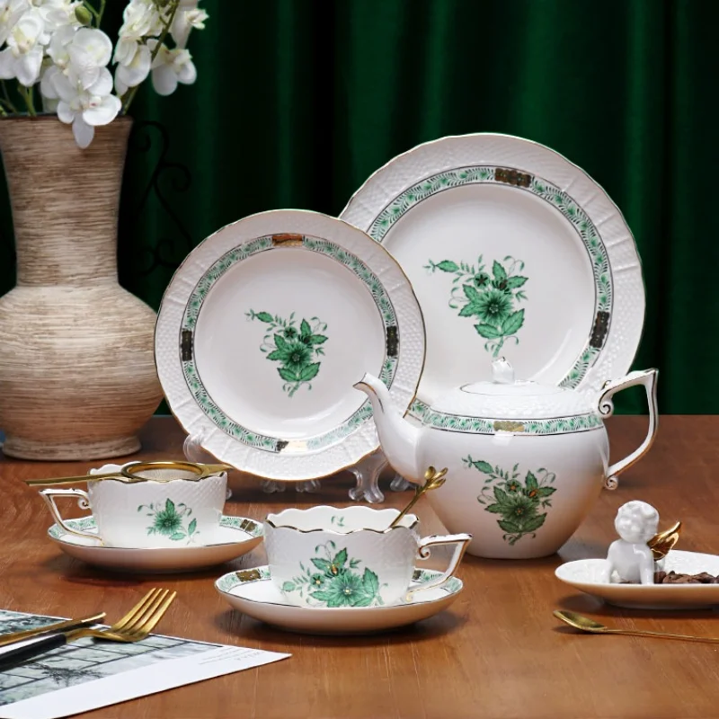 

Green Plant Dinner Plate, Tea Cup Set, Teapot, Afternoon Teacup Sauce, Service Plate, Food Tray, Dessert Dish, Kitchen