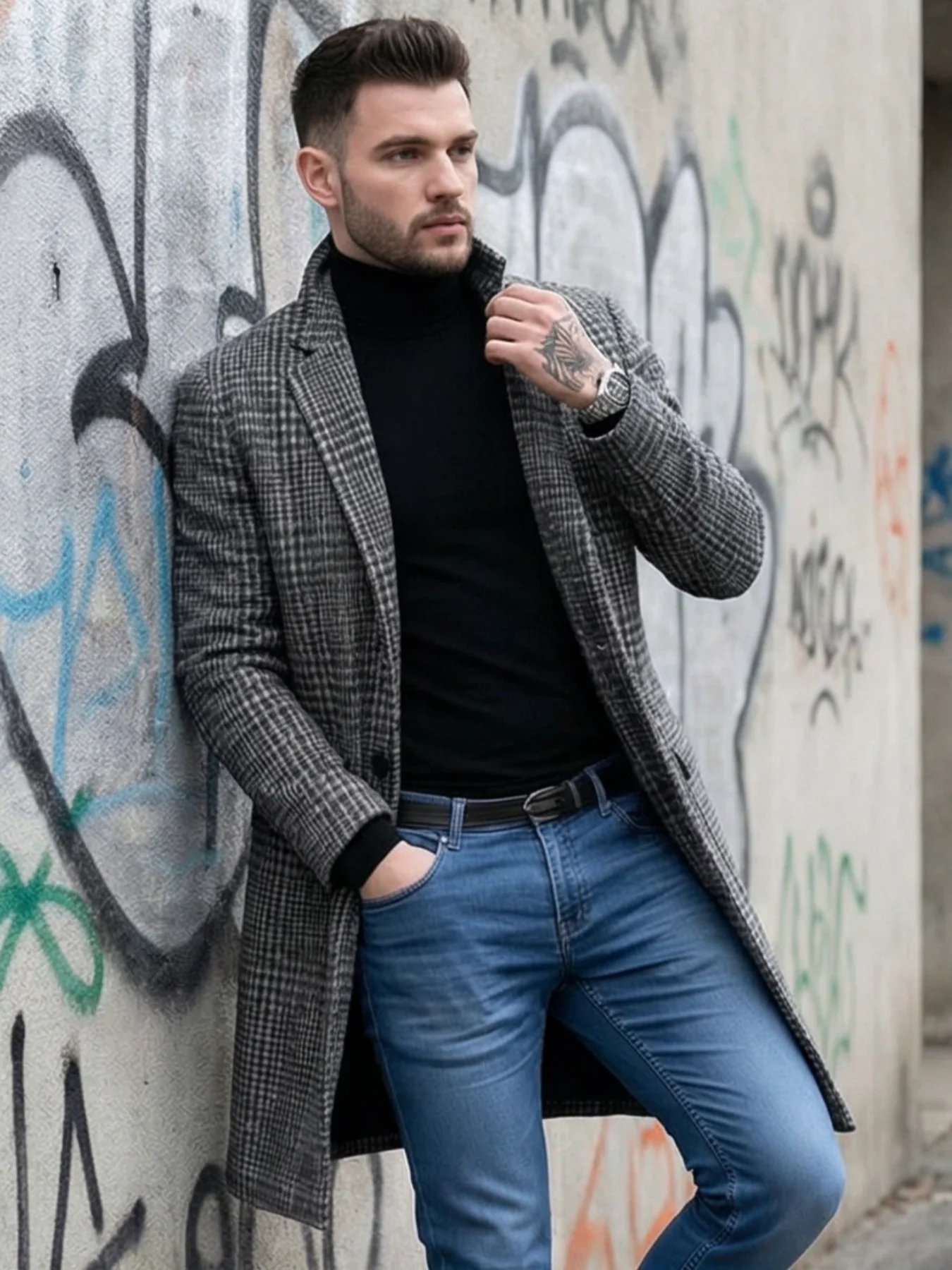 New Arrival Men's Checkered Woolen Overcoat Single Breasted Thickened With Lining Winter Commuting Outdoor Style Streetwear