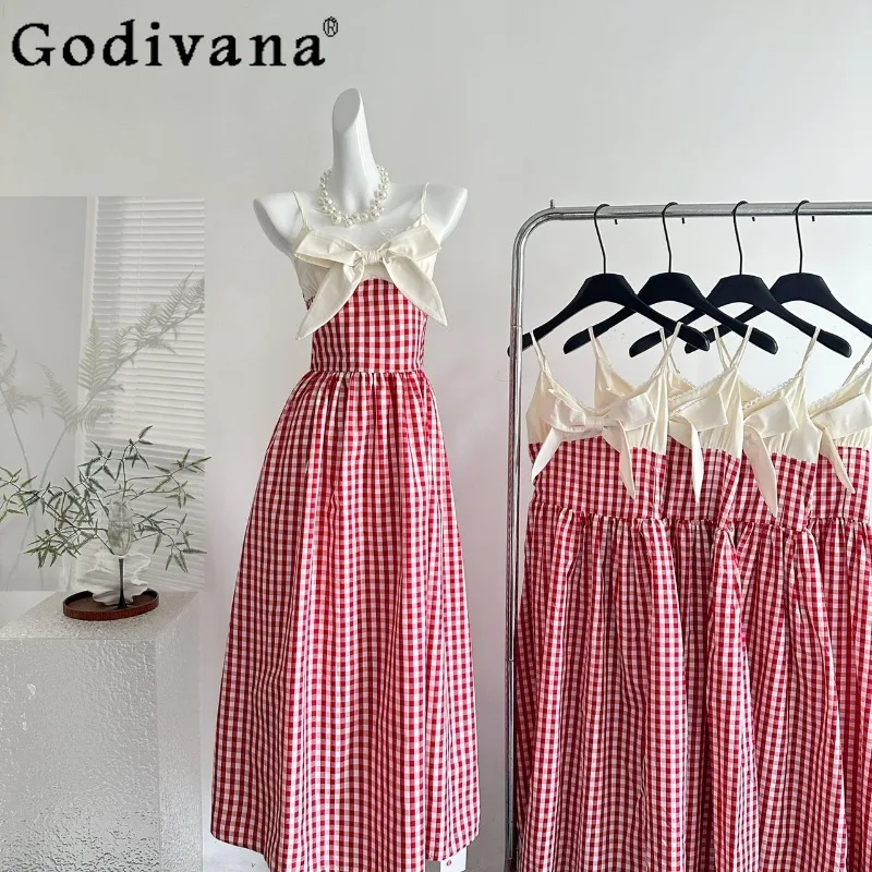 

Summer Beach Style Women Plaid Long Dress Elegant Lace Patchwork Korean Dress Female Lolita Design Sexy Bow Collar Dress