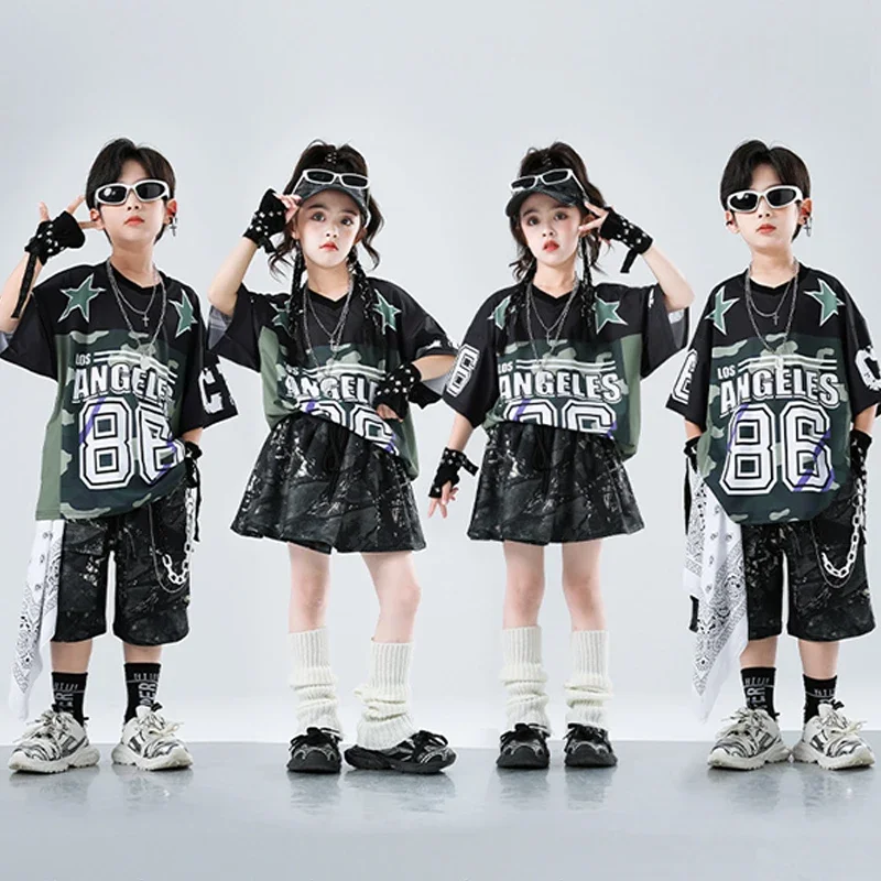 

Jazz Dance Costume Children's Trend Suit Hip Hop Shirt Oversize Top Black Skirt Dancer Performance Outfit Girls Streetwear