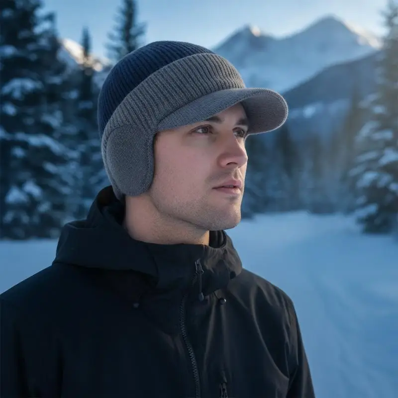 Mens Winter Earflap Cap With Visor Warm Fleece Lined Windproof Full Ear Coverage Beanie For Hiking