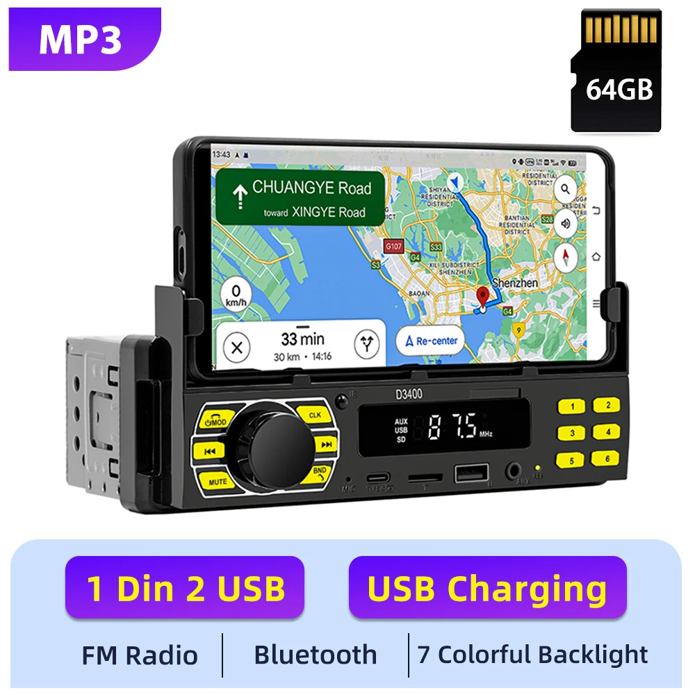 Podofo 1DIN autoradio FM audio stereo 12V Bluetooth Type-C poort USB/SD/AUX-IN met mobiele telefoonhouder