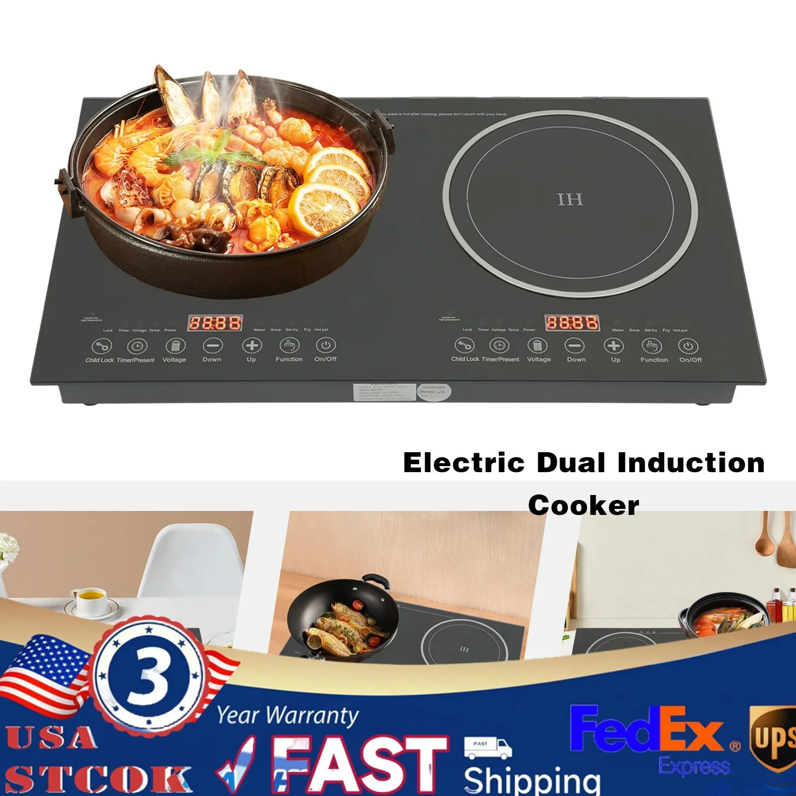 

2400W 110V Electric Dual Induction Cooker 2 Burners Cooktop Hot Plate Cooker New