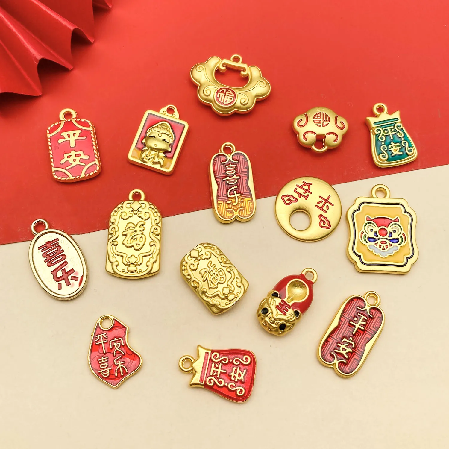 10/15pcs Drip-Painted Antique Gold Sand Gold Charms Pendants New Year Ancient Method Golden Blessing Auspicious - Jewelry Making