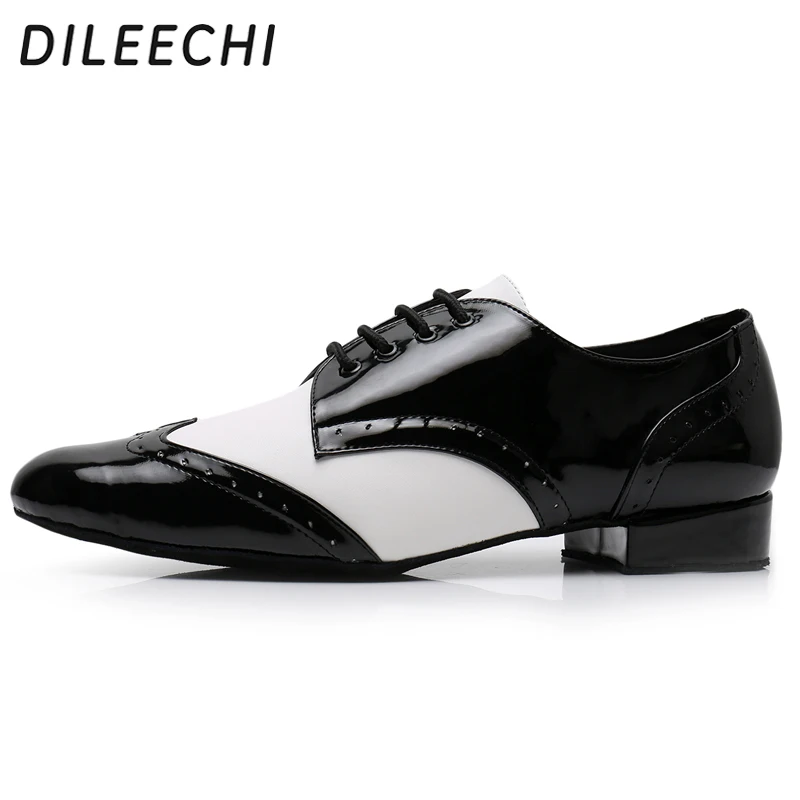 DILEECHI Men\'s Dance Shoes Adult Soft outsole Black PU Leather Square Ballroom dancing Shoes Low Wide Heel 2cm