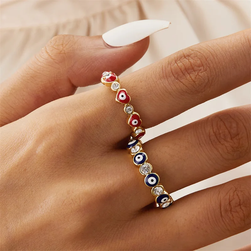 Red Heart-shaped Dripping Oil Lucky Evil Eye Ring Kpop Zircon Rings for Women Men Gifts Party Vintage Gothic Jewelry Accessories