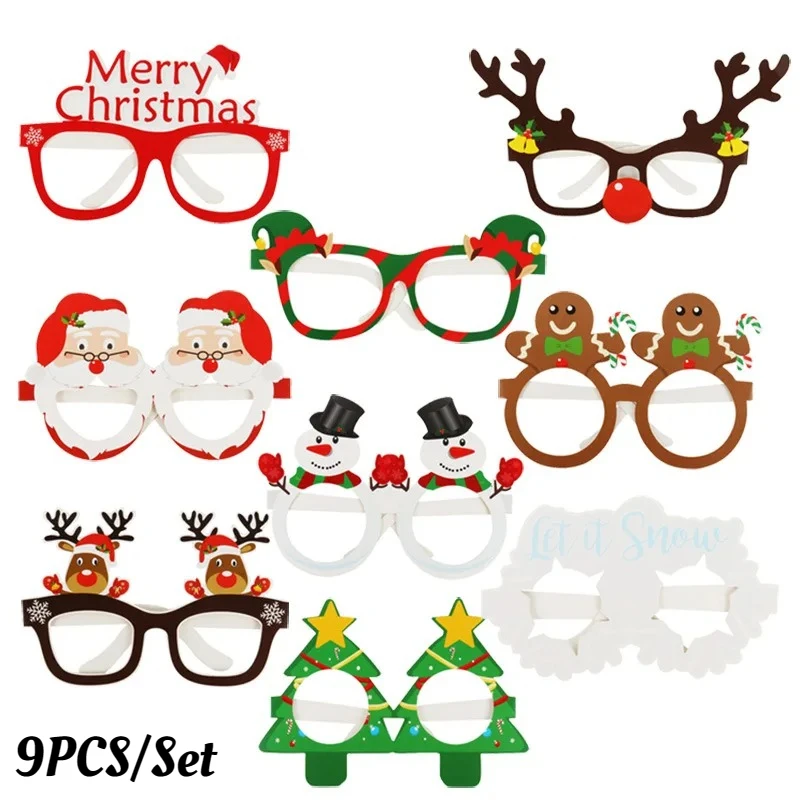9 pièces/ensemble montures de lunettes de noël motif père noël bonhomme de neige drôle père noël lunettes en papier cadeaux de joyeux noël bonne année