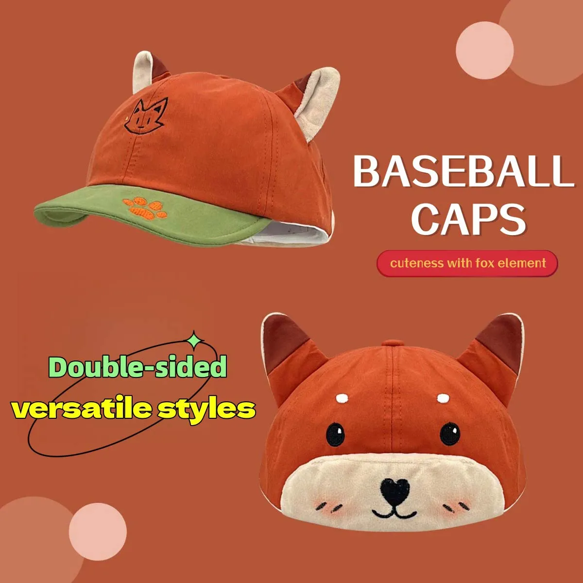 1PC Cute Foxes Cap with Ears Design Double-Sided Embroidered Animals Baseball Cap Hat Best Gift For Children CJCYMZ006