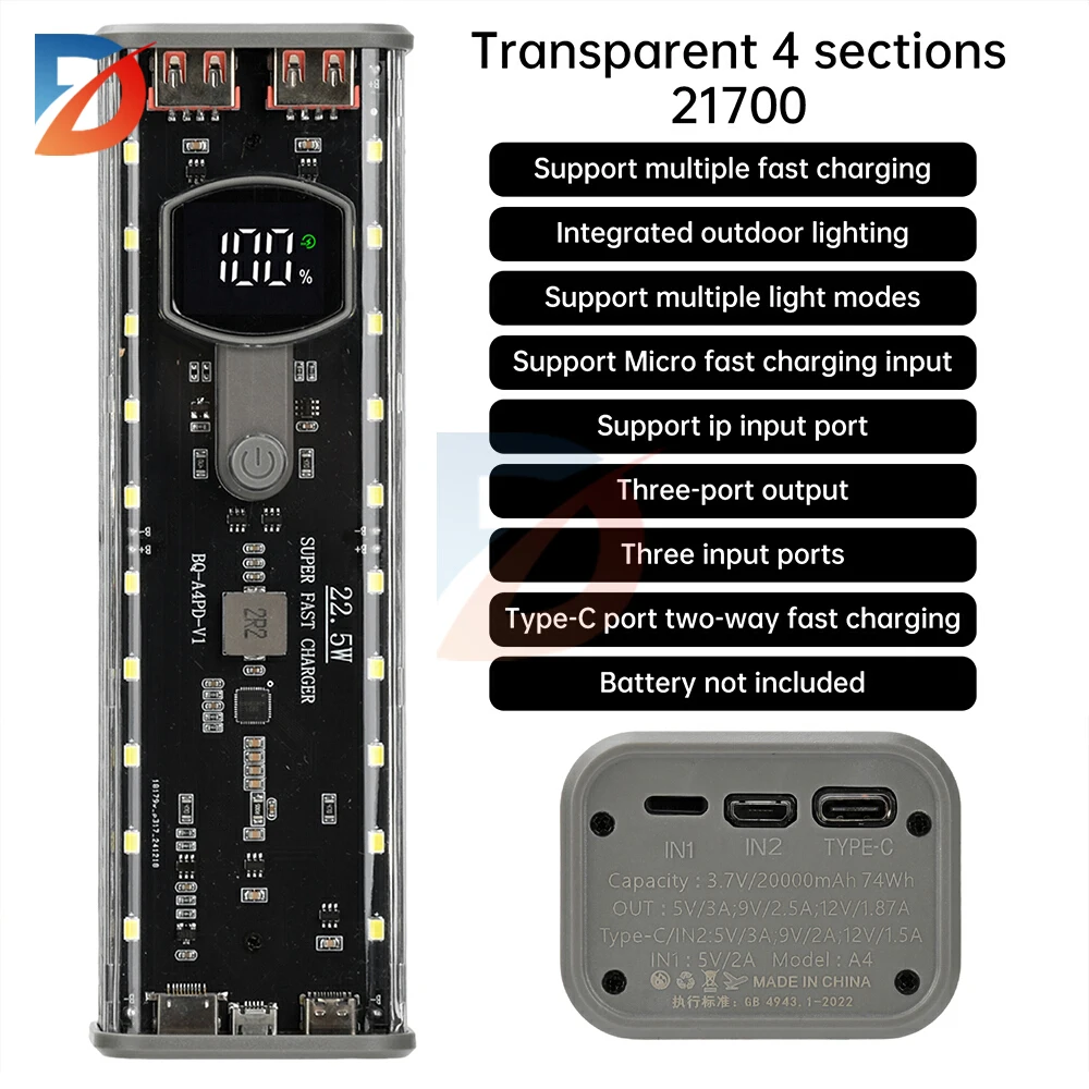 

4 Slots 21700 Battery Case DIY Kit Mecha Transparent Quick Charge Flash Charger Battery Case Kit Power Bank Box Type C