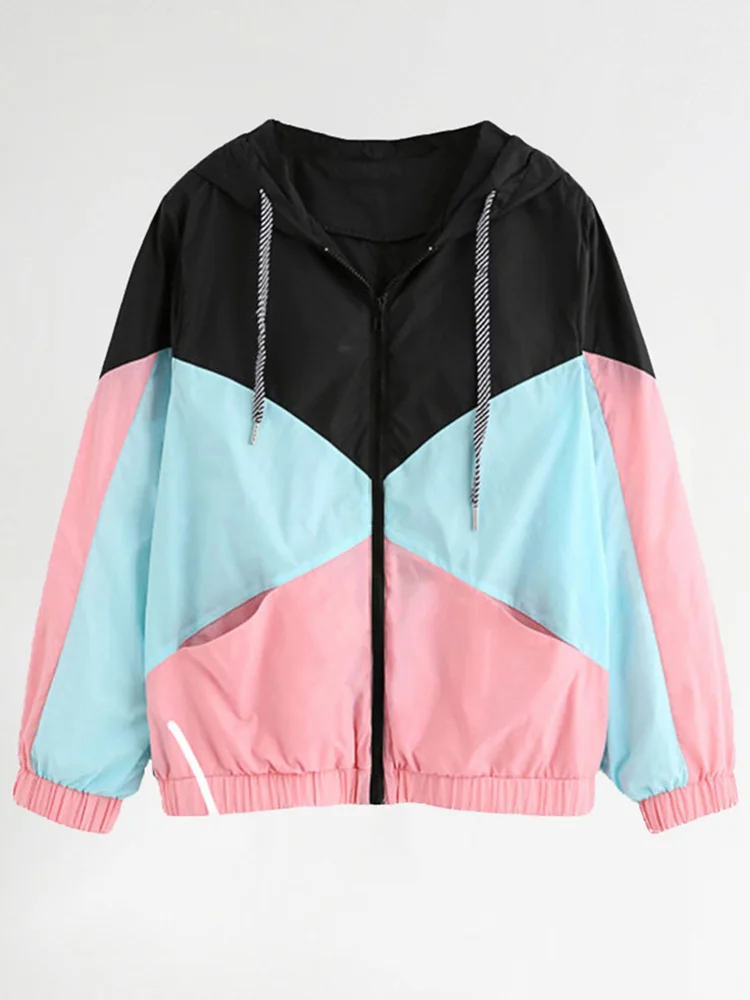 Women Long Sleeve Zipper Pockets Casual Sport Coat multi Color cut and sew windbreaker with hood Color block Coats