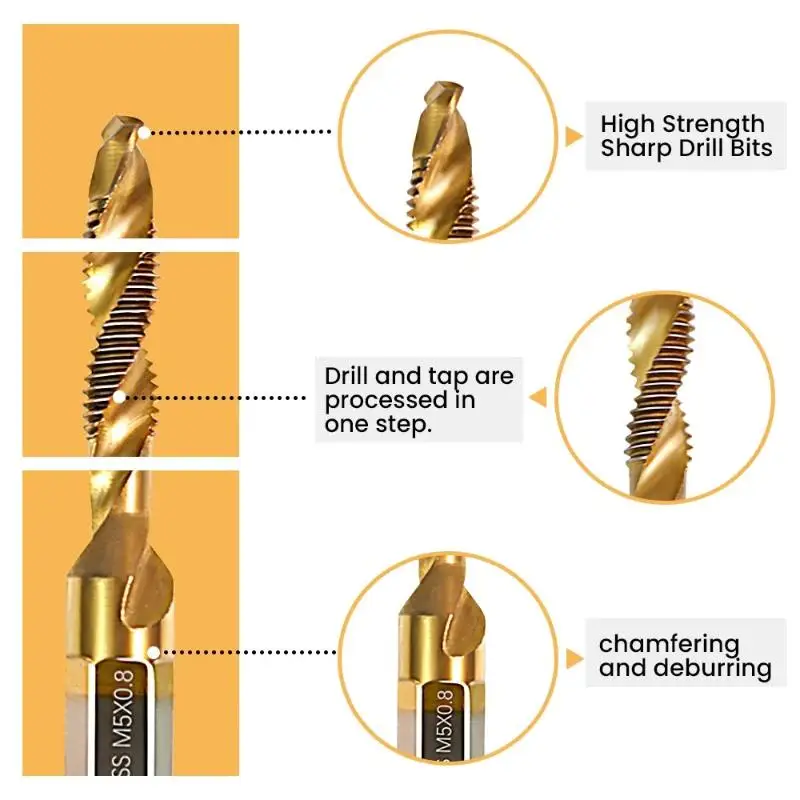 6 Pcs High Speed Steel Threading Tap Drill Bit Set Titanium Coated Super Sharp for Furniture Assembly DIY Craft Making