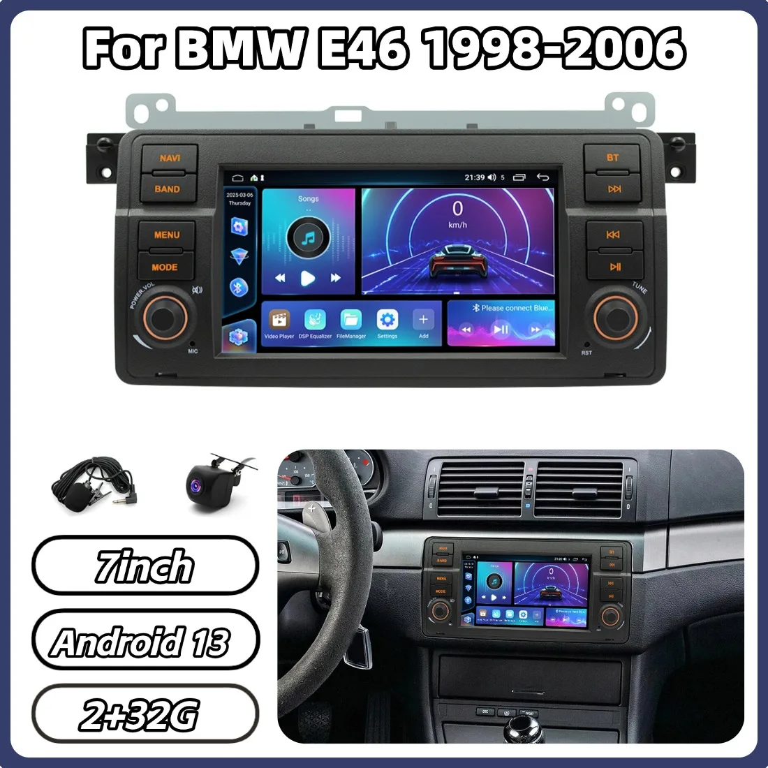 7Inch 2+32G Android 13 Car Stereo Radio For BMW E46 1998-2006 WiFi Bluetooth 5.1 Music For CarPlayer  Android Auto Accessories