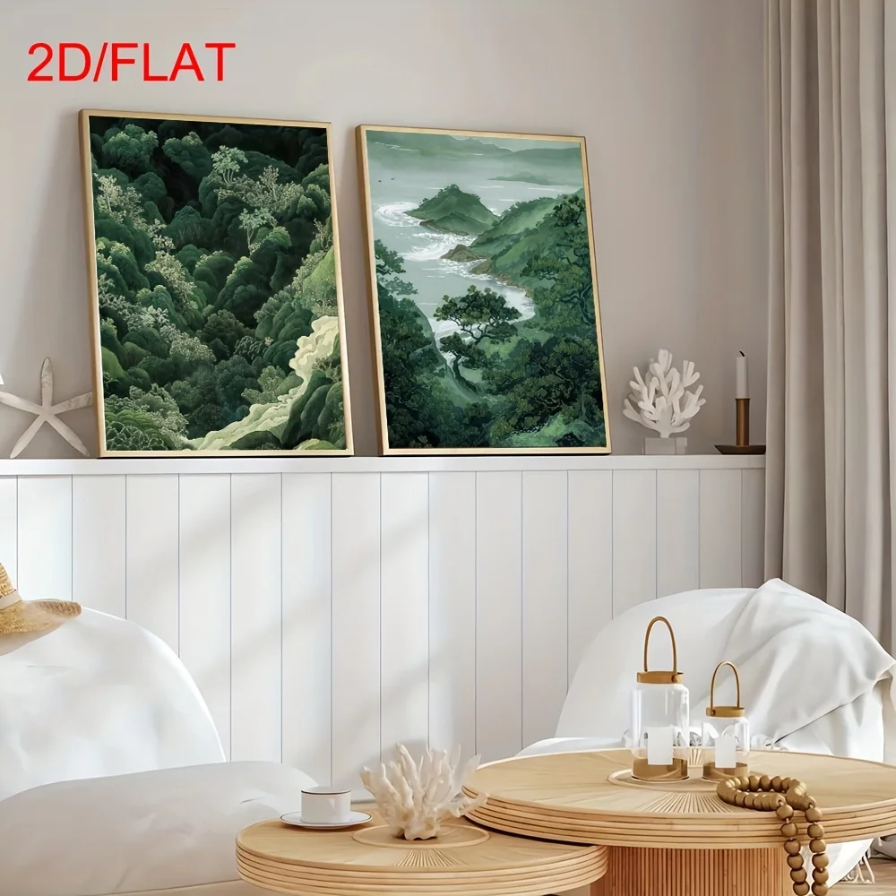Conjunto de 2 Quadros Modernos em Tela de Montanha Verde, Arte de Parede Minimalista Wabi-Sabi Japonesa sem Moldura para Decoração de Sala de Estar
