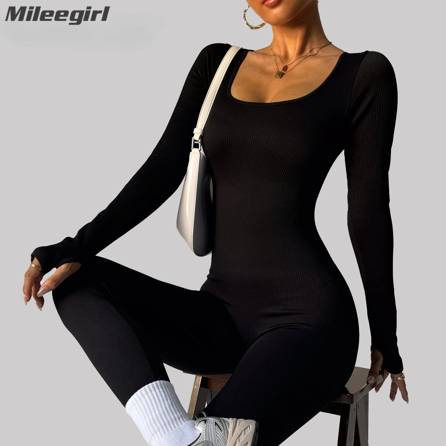 

Mileegirl Long Sleeves Women Yoga Jumpsuit, Seamless Sports Tracksuit, Tight Fitting Gym Fitness Body Suit, Workout Bodysuits