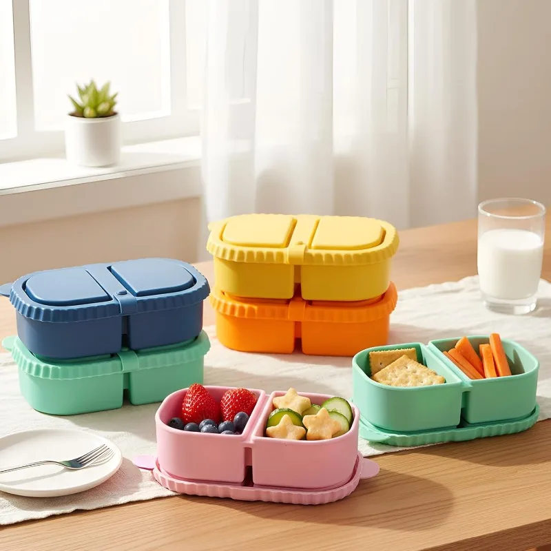 Silicone Snack Containers with Lids,Protable Double Compartment Reusable Snackle Boxfor Lunch Office Travel