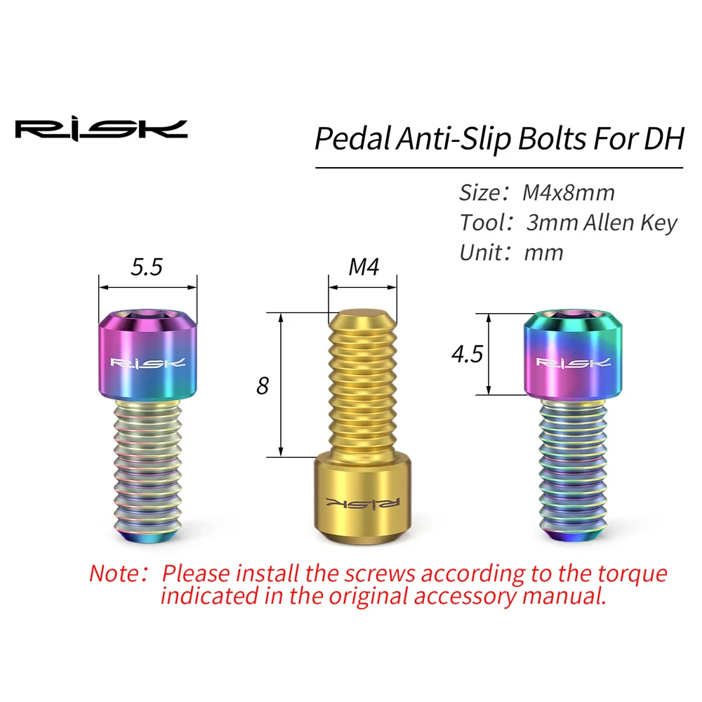 Risk 8pcs Titanium Alloy Anti-skid Bolts for Downhill Bicycle Pedals, M4*8MM Anti-slip Nail, MTB Road Bicycle Screw for DH XC AM