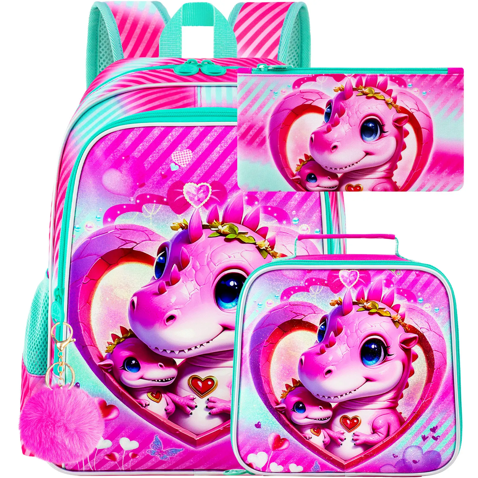 

16" Dinosaur Backpack for Girls, 3Pcs School Bookbag with Lunch Box, Kids Backpacks Set for Elementary Preschool Kindergarten(Pi