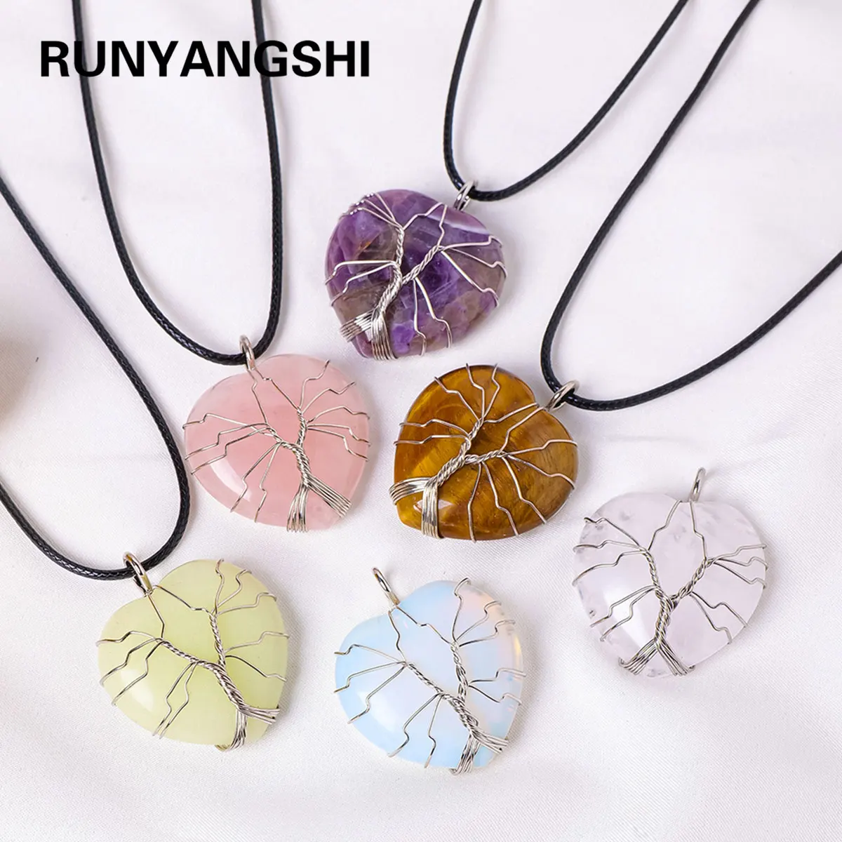 1PC Natural Amethyst Life Tree Heart Shape Pendant Love Shape Energy Necklace jewelry Reiki Beloved Female Mom Mother's Day