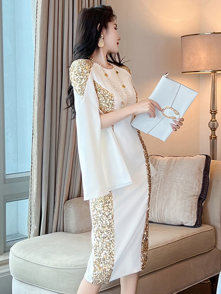 Exquisite Host Banquet Evening Dress Women 2024 Luxury Style Gold Sequins White Slim Robe Femme Party Prom Vestidos Catwalk Gown