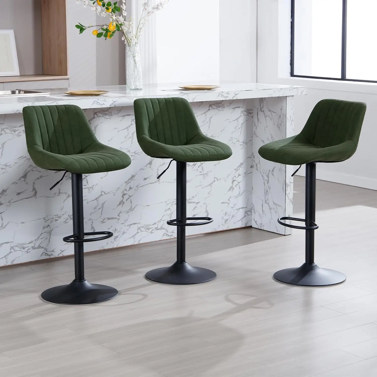 

3 шт. регулируемые вращающиеся барные стулья из искусственной кожи со спинкой, металлическим основанием и подставкой для ног, кухонные обеденные стулья без подлокотников, зеленые, по индивидуальному заказу