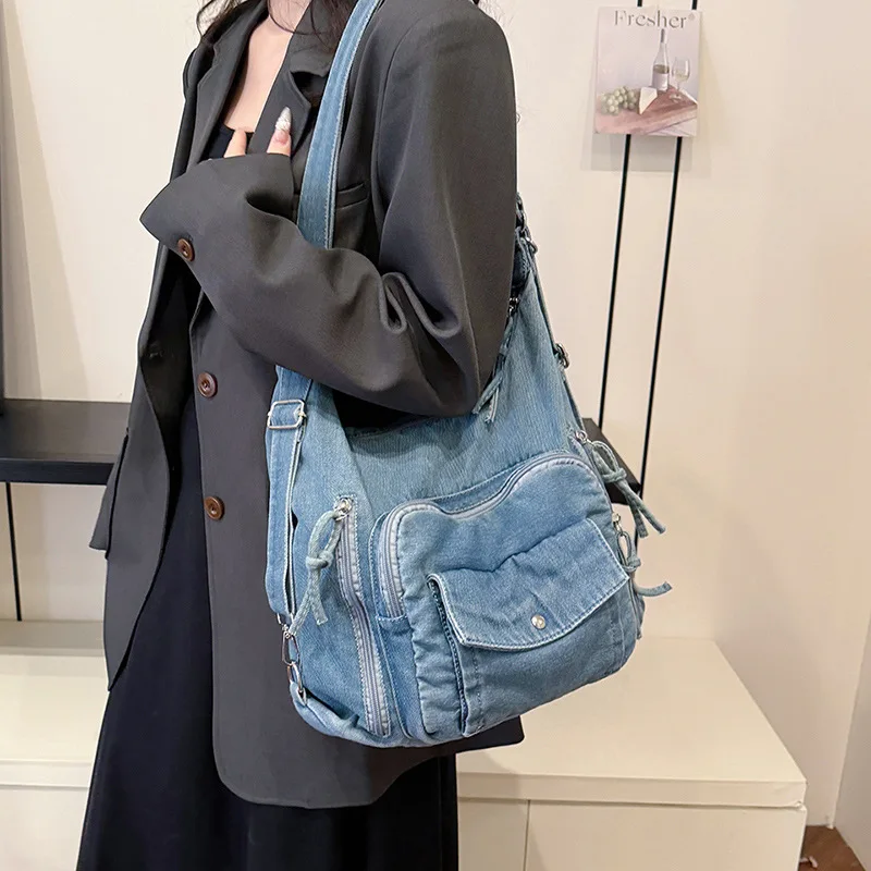 

New Japanese and Korean washed denim multifunctional shoulder bag, women's fashionable crossbody bag, trendy casual backpack