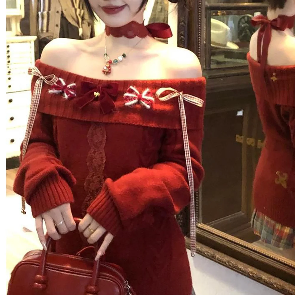 

Новогодний красный пуловер с открытыми плечами Y2k, свитер Harajuku, милый дизайн, праздничная праздничная одежда, свитера, элегантные рубашки, вязаный пот