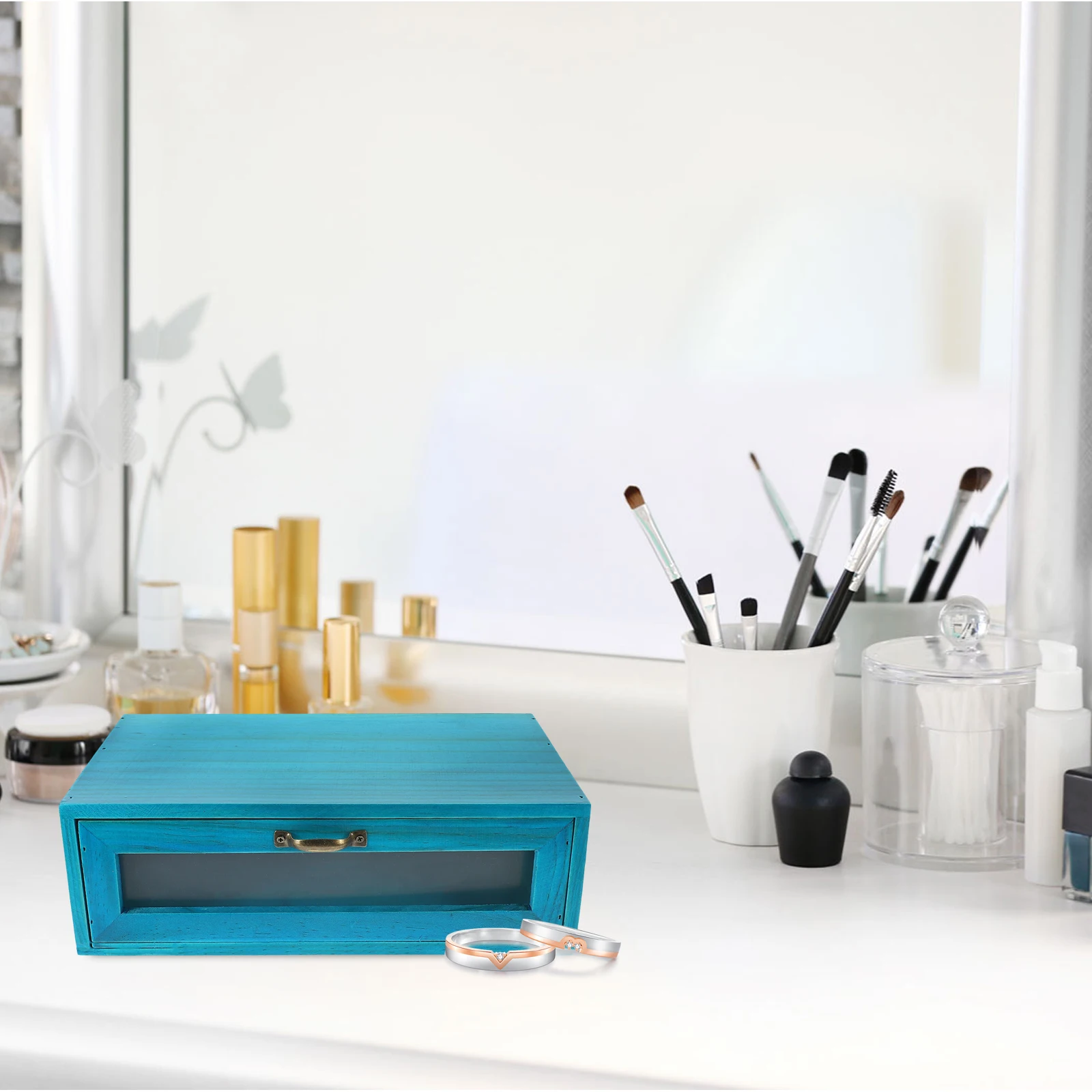 

Double Drawers Retro Wooden Box Wood Drawer Cabinet Blue Desktop ganizer Storage Cabinet Countertop Sundries Holder