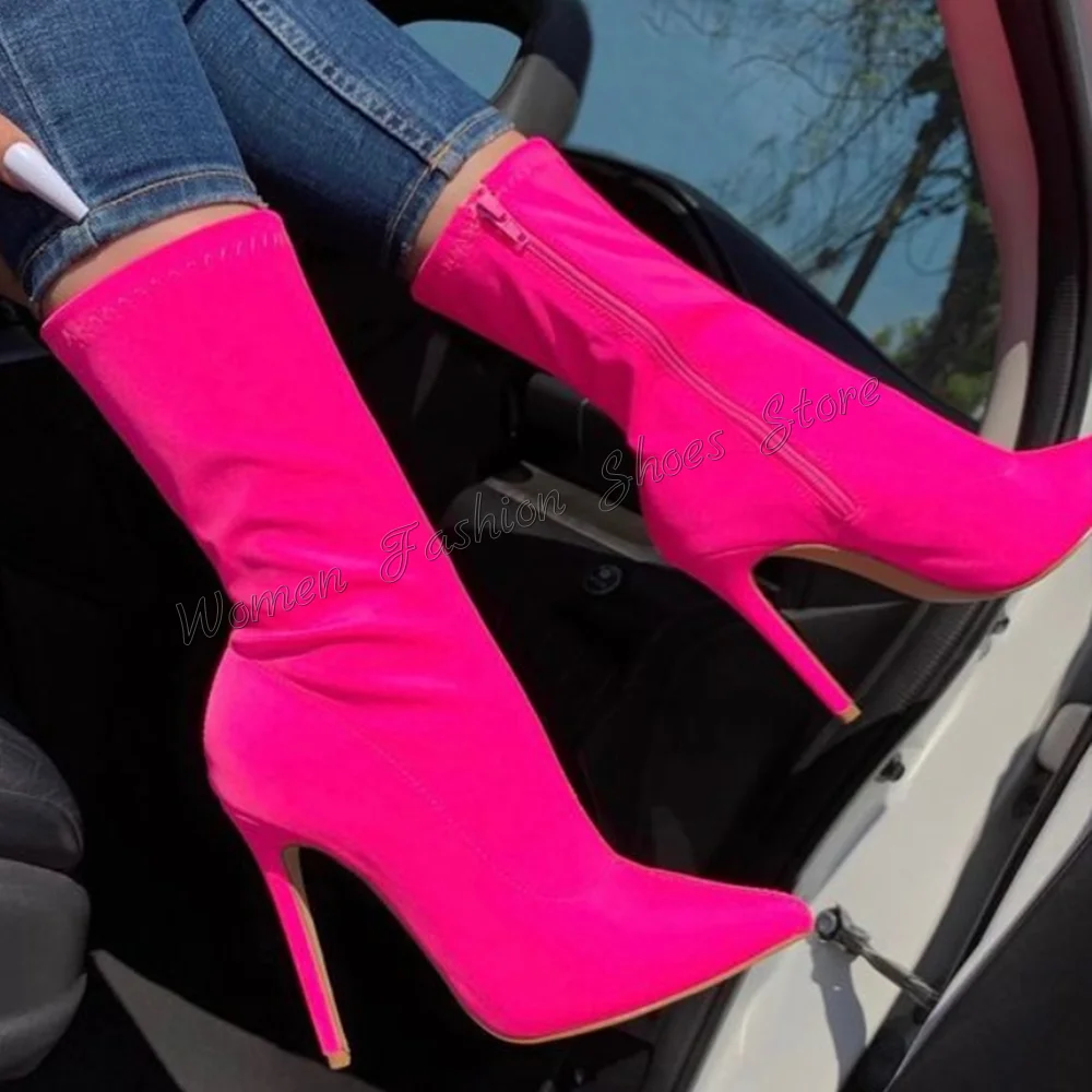 Rose Red Side Zipper Boots Stilettos High Heels Pointed Toe High Heel Shoes for Women Fashion Heels 2024 New Zapatos Para Mujere