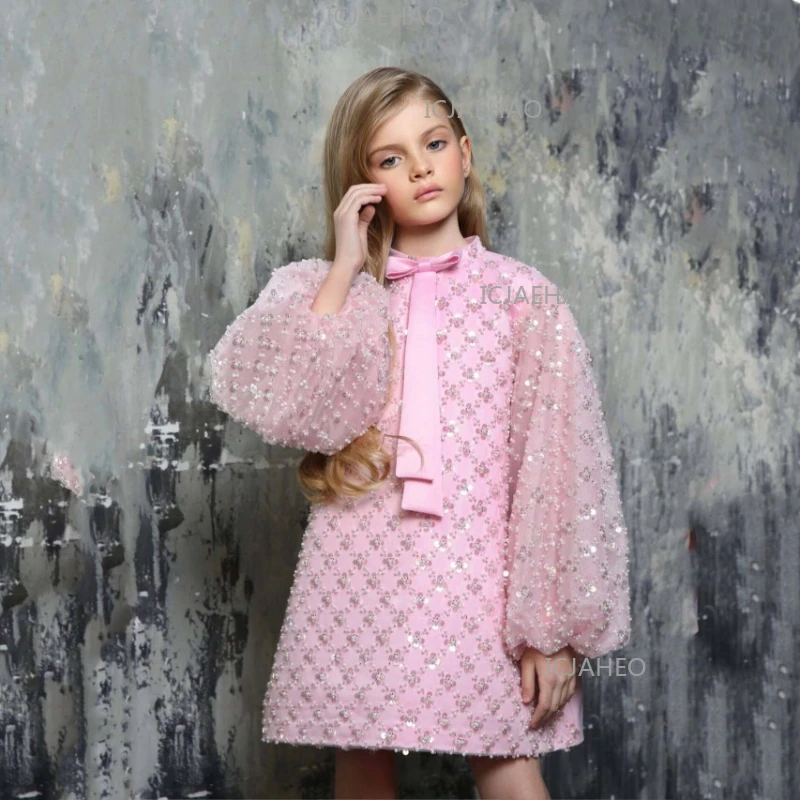 2026 Pink Girls Elegant Princess Dress Costume Children Birthday Evening Gown Kids Flower Girl Performance Pageant Party Outfit