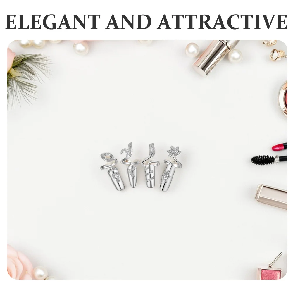 4 szt. Pierścionków na paznokcie z kryształkami, ozdobne pierścionki ze stopu do paznokci, wielokrotnego użytku, eleganckie, na wesele, studniówkę, imprezę, damska biżuteria na palce.