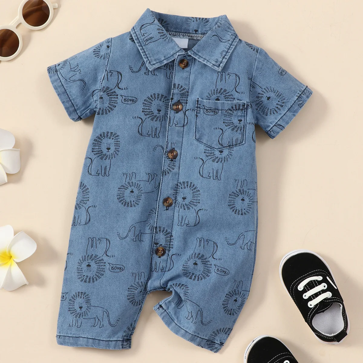 1 Pcs Baby Boy Denim Clothes Cute Cartoon Style Short Sleeves Lion Print Romper