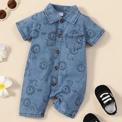 1 Pcs Baby Boy Denim Clothes Cute Cartoon Style Short Sleeves Lion Print Romper