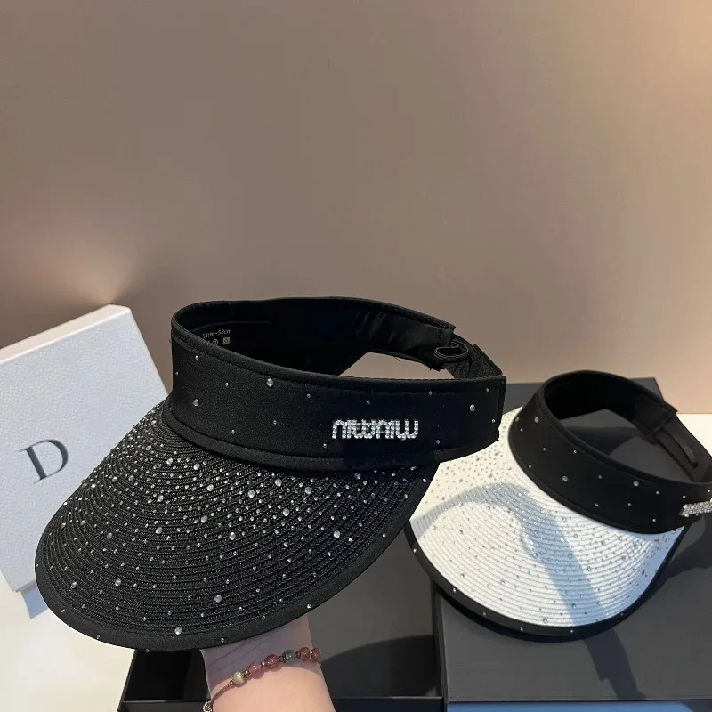 

Rhinestone Headband Hat UPF50+ Wide Brim Korean Style Beach Sun Hat for Women Adjustable Face Cover Foldable Viral​​